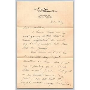 1934 Handwritten Letterhead The Tuttle Apartment Hotel Miami Florida Vintage